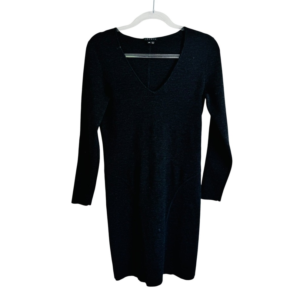 Theory Wool Quiet Luxe Old Money Sculpting Office Sweater Dress M Charcoal VNeck